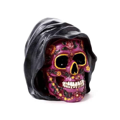 Puckator Day of the Dead Purple Skull with Hood - Cute Room Decor - Aesthetic Feng Shui Meditation Accessories - Garden Ornaments - Shelf Desk Decorations - Mindfulness Home Gifts - Statues
