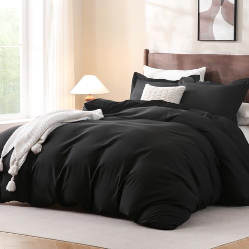 "FreshCulture Black Duvet Cover Full Size - 3 Pieces Microfiber Bedding Set, Soft Cozy Comforter Cover with Zipper Closure, 80""x90"", 2 Pillow Shams, Comforter Not Included"