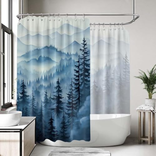 QGHOT Extra Wide Shower Curtain for Clawfoot Tub, 108x72 Inch, Blue Forest Nature Mountain Pattern Bathroom Decor, Waterproof Cloth Fabric with Hooks
