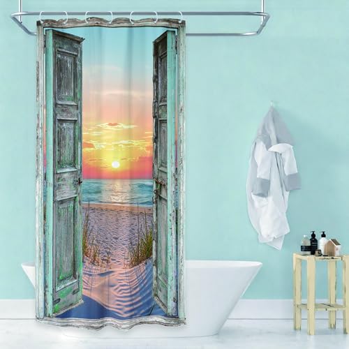 Riyidecor RV Small Half Beach Shower Curtain 36Wx72H Inch Stall Narrow Seaside Ocean Barn Door Curtains Sea Scenery Rustic Single Bathroom Laundry Decor Fabric Polyester Waterproof 7 Pack Hooks