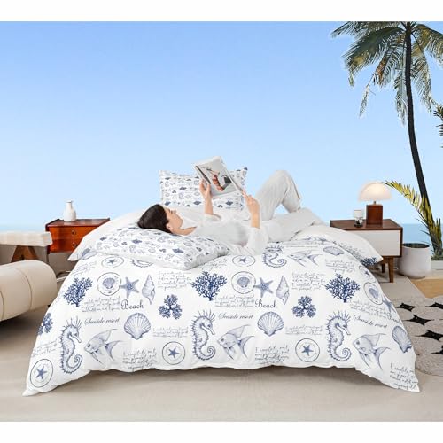Coastal Duvet Cover Set Queen Size,Seashell Conch Seahorse Starfish Coral Bedding Set 3Pcs,Ocean Beach Nautical Comforter Cover for Kids Teens Adult Room Decor,Navy White Quilt Cover,2 Pillowcases