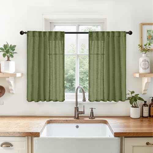 YoungsTex Olive Green Linen Cafe Curtains 36 Inch Length 2 Panels - Small Light Filtering Drapes Half Window Semi Sheer with Rod Pocket Back Tab for Kitchen Window Over Sink, 34 X 36 Inch