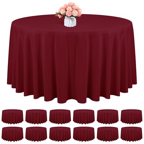 12 Pack Round Tablecloth 120 Inch - Burgundy Polyester TableCloth for Round Table, Premium Burgundy Tableclothes Washable Fabric Table Cover for Wedding Party Banquet Restaurant Reception Dining
