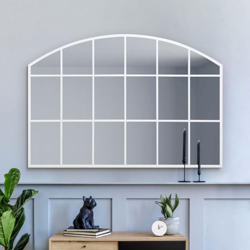 "MirrorOutlet The Arcus - White Framed Modern Over Mantle Arched Wall Window Mirror 43"" X 29"" (110CM X 75CM) Silver Mirror Glass with Black All weather Backing."