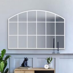 "MirrorOutlet The Arcus - White Framed Modern Over Mantle Arched Wall Window Mirror 43"" X 29"" (110CM X 75CM) Silver Mirror Glass with Black All weather Backing."