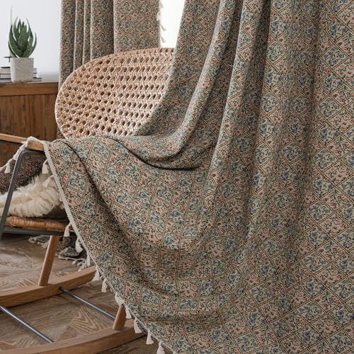 ENJOYBRIDAL Floral Living Room Curtains 84 Inches Boho Drapes Jacquard Semi Sheer Bedroom Patterned Window Curtains Farmhouse Country Rod Pocket Aesthetic Tassel 2 Panels Window Treatments
