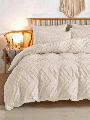 Nanko Beige Duvet Cover Full Size, 3pc Boho Tufted Microfiber Bedding Comforter Cover Set, All Season Aesthetic Shabby Chic Soft Embroidery Textured Geometric Quilt Cover (80x90)