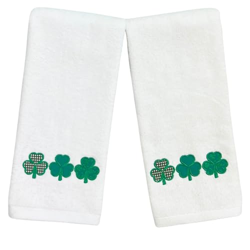 Serafina Home St. Patrick's Day Irish Hand Towels: Two Toned Green Shamrock Clover Embroidery, 100% Cotton, White (Clover)