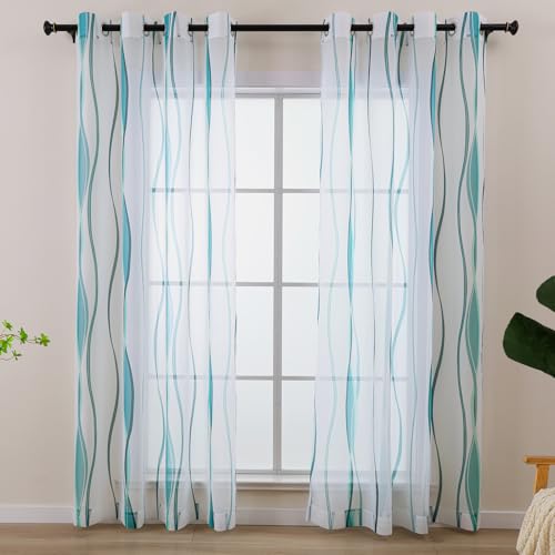 L.Z.E White and Teal Sheer Curtains 108 Inches Long, Light Filtering Elegant Patterned Curtains with Design for Living Room Bedroom Dining Room, Lightweight Window Drapes, Grommet Top 2 Panels Set