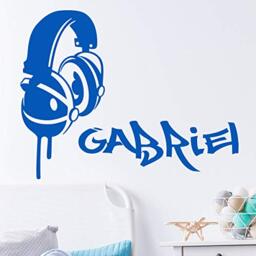 Personalised Name Stickers - Music Helmet Graffiti Sticker - Wall Decoration for Child's Room - 2 Sheets of 25 x 10 cm and 50 x 30 cm - Navy Blue