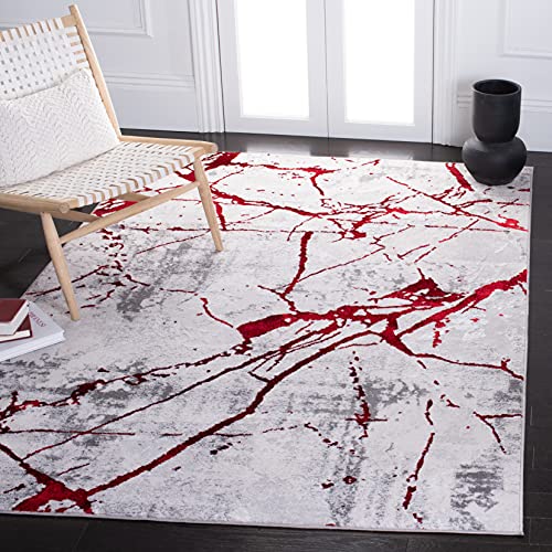 Safavieh Contemporary Rug for Living Room, Dining Room, Bedroom - Amelia Collection, Short Pile, in Grey and Red, 91 X 152 cm