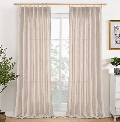YoungsTex Linen Semi Sheer Curtains 84 Inch Length 2 Panels - Light Filtering Drapes Burlap Natural Beige Window Treatments with Pinch Pleated Back Tab for Living Dining Room Bedroom, 40 X 84 Inch