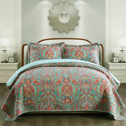 NEWLAKE European Gorgeous Floral Pattern,Cotton Queen Size Bedspread Quilt Sets, Reversible Patchwork Coverlet Set