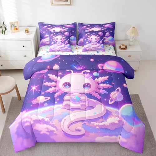 Feelyou Kids Cute Axolotl 7 Pieces Bedding Set Queen Size, Galaxy Planet Space Bed in A Bag Cartoon Animal Comforter Set with Sheets Boys Girls Dreamy Starry Teens Bed Set Bedroom Decor 7Pcs