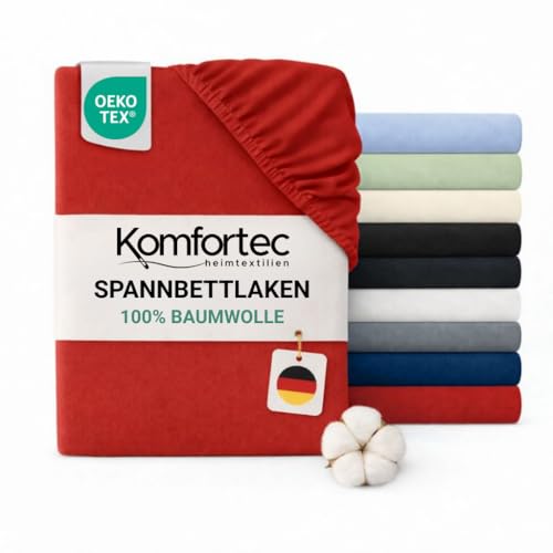 Komfortec Jersey Fitted Sheet, 100% Cotton, 120 x 200 cm, 135 g/m², Soft, Breathable & Skin-Friendly, With Elasticated Edge, Oeko-Tex Certified, For Box Spring, Toppers & Mattresses, Red