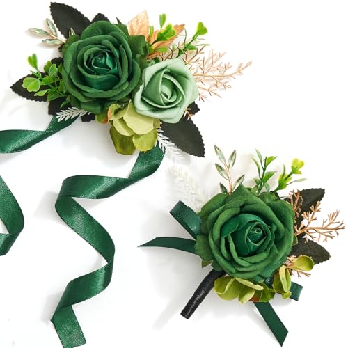 Alecono Green Corsage and Boutonniere Set Artificial Flowers for Wedding - Rose Wristlet Suit for Homecoming, Prom, Graduation, Party Ceremony, Anniversary