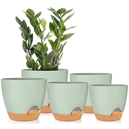 GARDIFE Plant Pots 7/6.5/6/5.5/5 Inch Self Watering Planters with Drainage Hole, Plastic Flower Pots, Planters for Indoor Plants, Succulents,Snake Plant, African Violet, Flowers,Green