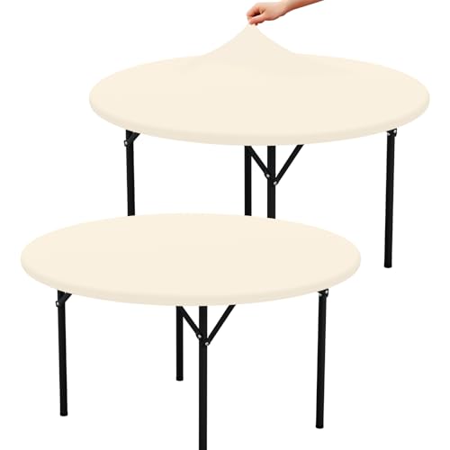 "misaya 2 Packs Round Spandex Tablecloths, Stretch Elastic Tablecloth Cover Fitted for 36""-44"" Round Tables, Waterproof Polyester Washable Table Cloth for Dining, Party, Outdoor and Indoor, Champagne"