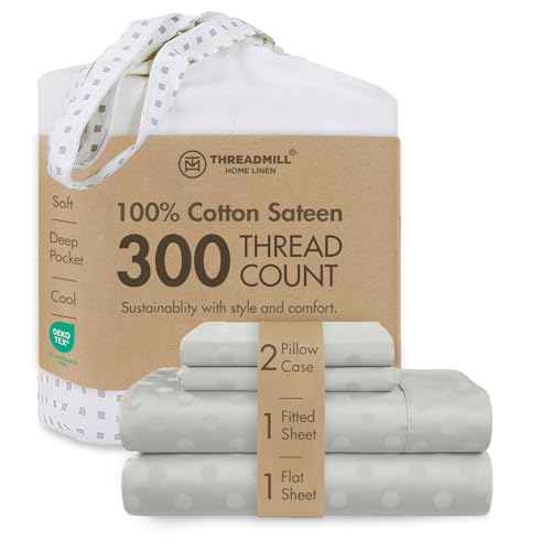 Threadmill 100% Cotton Sheets for King Size Bed - 4 Pc King Bed Sheets Set - Soft, Breathable Lightweight Damask Sateen for All-Season Use - Snug Fit Elastic Deep Pocket King Sheets - Light Grey