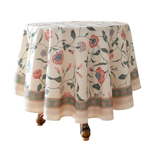 "ISAENNE Designer Chinoiserie Linen Floral Round Tablecloth,White Wrinkle Resistant Table Cloth,Elegant Decor Tablecloths for Dining Thanksgiving Kitchen Party Christmas,Diameter 67""-Daffy"