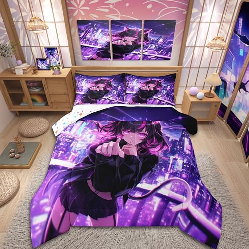 Erosebridal Kids Anime Girl King Size Bedding Set, Japanese Anime Comforter Set, Cartoon Manga Girl Duvet Insert for Boys Teens Bedroom Decor, Kawaii Japanese Animation Quilt with 2 Pillow Cases