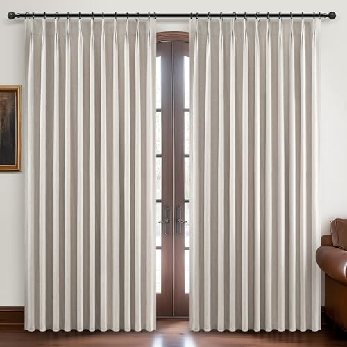 "Curtains 60 Inch Length Wide Pinch Pleated Blackout Curtain for Sliding Glass Door/Living Room, Farmhouse Natural Linen Thick Boho Bedroom Heavy Insulated Large Window Drapes (60""Wx92""Lx2Panels)"