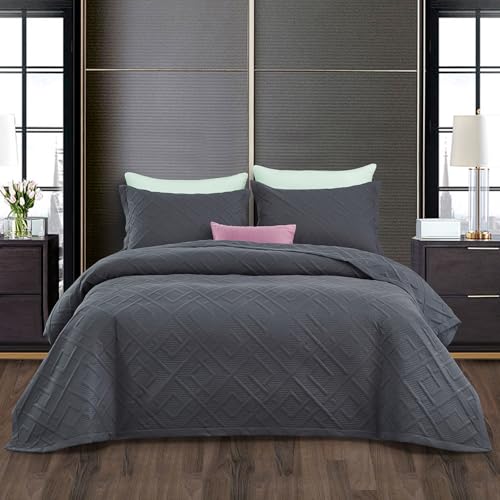 CHIXIN Bedspread King 240x260 CM - Dark Grey Quilted Bed Throw Matelasse Embossed Summer Lightweight Reversible Coverlet for Bedroom Decor - (Pillow Shams is not included in UK Market)