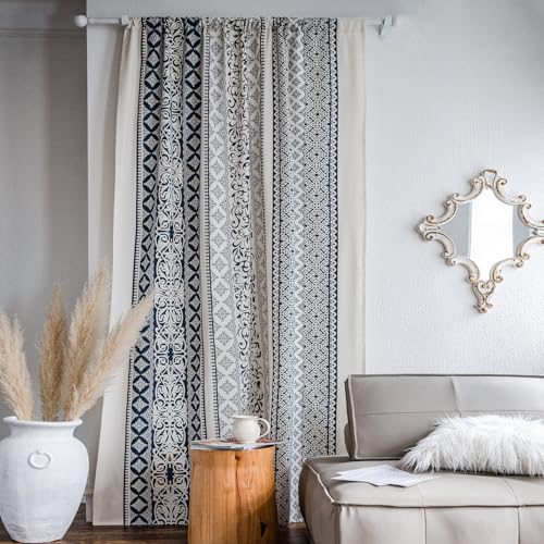VOGOL Boho Geometric Print Curtain, 28 x 84, 1 Panel, Blue - Linen Textured Fabric, Rod Pocket Top, Soft Light Filtering, for Living and Dining Room
