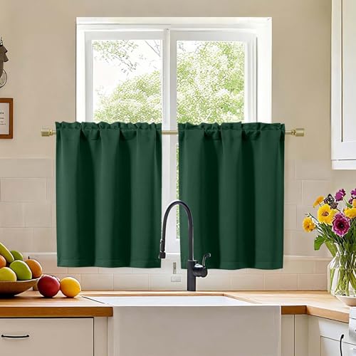 Simplebrand Ever Green Blackout Curtains 30 inch Length 2 Panels for Kitchen, Room Darkening Tiers Drapes with Rod Pocket, Blackout Thermal Insulating Small Curtain Tiers for Bathroom, 30W x 30L Inche