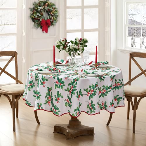 "Elrene Home Fashions Vintage Holly Scalloped Edge Border Christmas/Holiday Wrinkle Resistant Round Dining Tablecloth, 70""x70"""