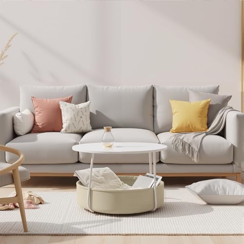 FurnitureR Modern Round End Table, 75 cm White Top with Beige Storage Basket, Round Center Table for Living Room Metal Frame, D75xH45.5cm