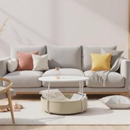 FurnitureR Modern Round End Table, 75 cm White Top with Beige Storage Basket, Round Center Table for Living Room Metal Frame, D75xH45.5cm