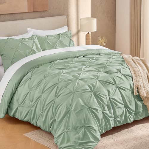 "Andency King Pinch Pleat Sage Green Comforter Set 3 Piece Bedding - Lightweight Comforter with 2 Pillow Shams,104""x90"", Pintuck Fluffy, All Season Use, Boho Cute Style for Bedroom"