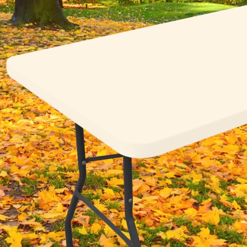 "Moosfor Picnic Spandex Table Cloth, Elastic Fitted Stretch Tablecloths for 8 Foot Rectangle Table, Washable Patio Table Cover for Dining, Camping, Banquet and Parties (Champagne, 30""x96"")"