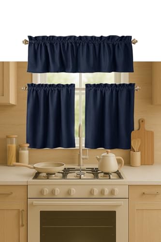 Softopia Cotton 3 Pieces Window Curtain Tiers and Valance Set- 100% Cotton Half Short Window Curtains 2 Tiers & 1 Valance Farmhouse Vintage Curtains for Kitchen Bathroom Living Room- Navy Blue