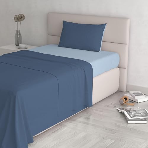 Italian Bed Linen Natural Colour Bed Sheet Set, Avio/Light Blue, Single