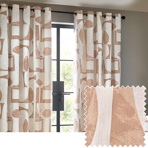 furn. Hoem Carro Abstract 100% Cotton Lined Curtains – Clay (Pair – 168cm Width x 183cm Drop)