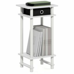 Furinno TURN-N-TUBE Side Table, 3-Tier Tall Narrow Modern End Table with Storage Bin, Open Shelf Night Stand, Bedside Table, Toolless Assembly, for Living Room, Bedroom, White