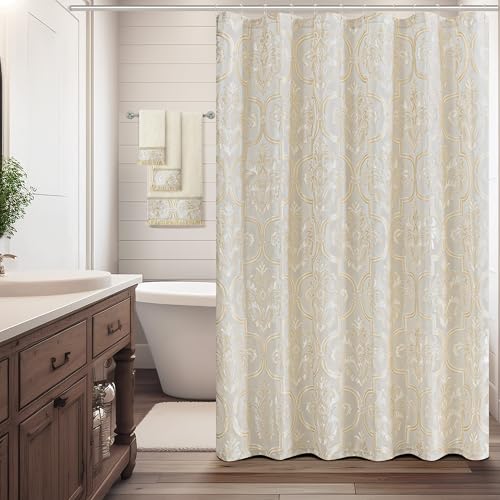Loom and Mill Textured Fabric Shower Curtain Set with 12 Metal Hooks, Elegant Damask Floral Bathroom Shower Curtain Sets, Waterproof Heavyweight Shower Curtain for Home Bathroom(72x72, Beige Gold)