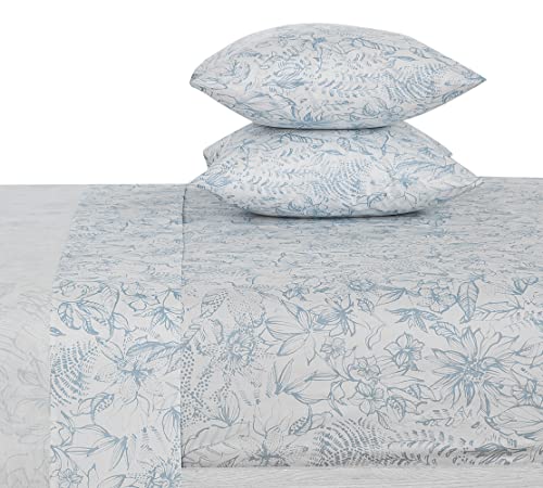 "Cotton Sheets Set King Size 4 Pieces Flower Bedding Sets, Aqua Blue Floral Pattern, Up to 14"" Deep"
