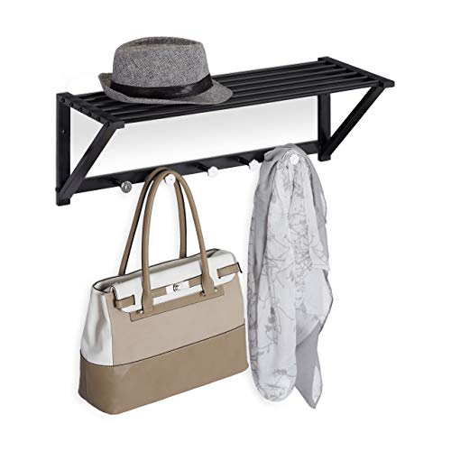 Relaxdays Wall Coat Rack with Shelf, Wardrobe Rail 5 Hooks, Hallway & Bathroom, Modern, Metal, 23 x 65 x 25 cm, Black