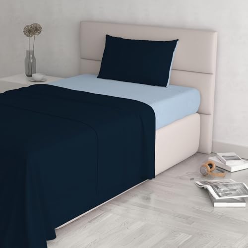 Italian Bed Linen Natural Colour Bed Sheet Set, Dark Blue/Light Blue, Single