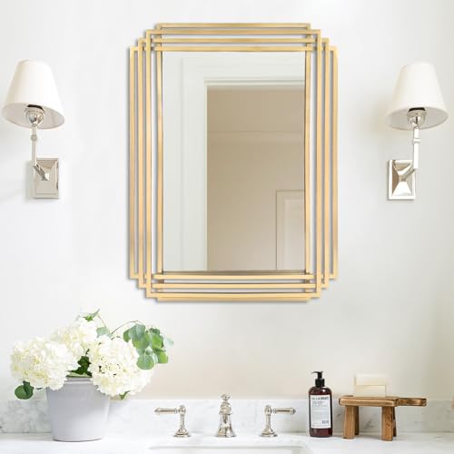 "DAOYIJIAJU 24""x18"" Rectangle Decorative Wall Mirror with Gold Metal Frame - Rustproof Metal Frame, HD Glass, Horizontal/Vertical Hanging, Elegant Art Deco Wall Mirror for Entryway Bathroom Bedroom"