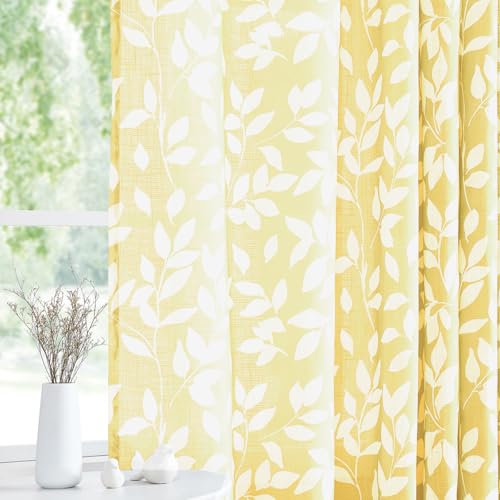 "Treatmentex Semi-Sheer Curtains for Living Room Windows 95"" Long White and Yellow Leaf Print Curtains for Girl's Room, Bedroom Grommet Top Curtain Panels, Mustard Yellow, 1 Pair"