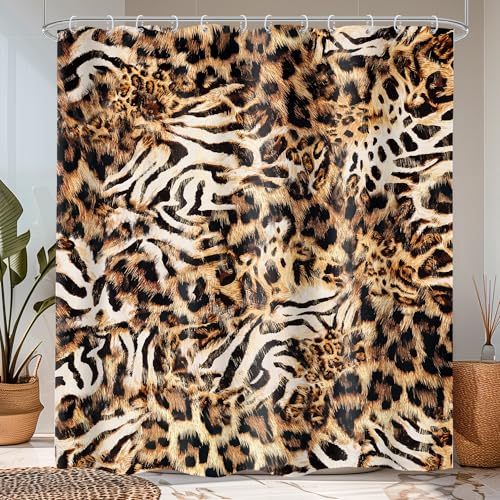 Leopard Tiger Print Shower Curtain Set 60x72 Bathroom Decor 60Wx72H Wild - Pattern Powerful Cheetah Cat Black Brown Wildlife Panther Fur Bathroom Curtain Set Waterproof Polyester Fabric with Hooks