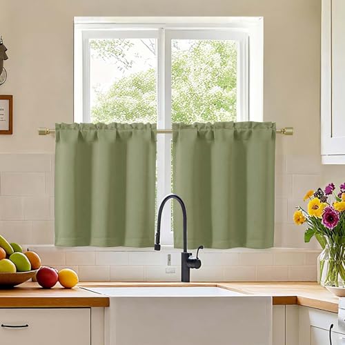 "Simplebrand Sage Green Short Kitchen Curtains Tier 24 Inch Length 2 Panels Set, Modern Solid Blackout Small Window Cafe Curtains for Bathroom, Basement, Cabinet, Camper, Each 30"" Wx24 L Inches"