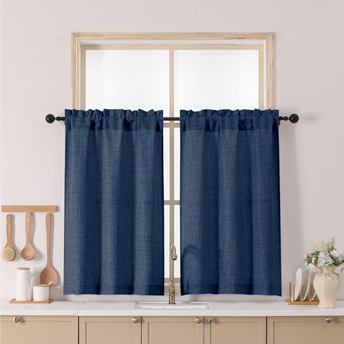 Chyhomenyc Navy Blue Curtains 36 Inch Length, Light Filtering Faux Linen Textured Half Window Kitchen Curtains Over Sink, Window Curtain for Cabinet Bathroom Basement, 30Wx36L, 2PCS