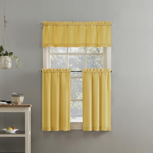 No. 918 Martine Microfiber Semi-Sheer Rod Pocket Kitchen Curtain Valance and Tiers Set, 54 in x 36 in (3 Piece) Kitchen Set, Yellow