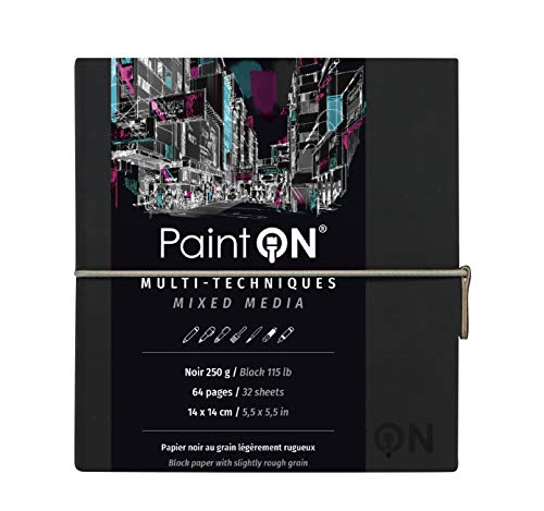 Clairefontaine - Ref 975434C - Paint'On Multi-Technique Sewn Art Book (32 Sheets) - 14 x 14cm, 250gsm Heavyweight Paper, Acid Free - Black Pages / Black Cover