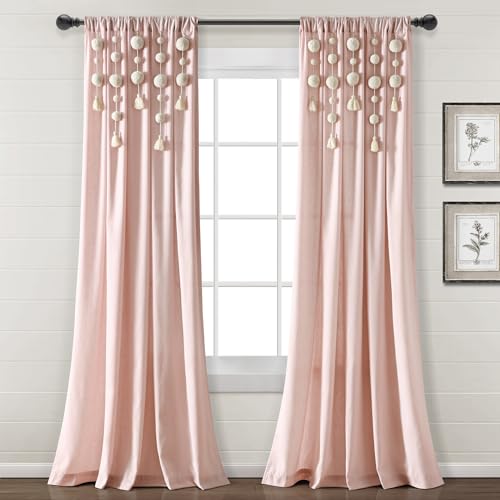 "Lush Decor Boho Pom Pom Tassel Linen Window Curtain Panel (Single Panel), 95"" L x 52"" W, Blush"